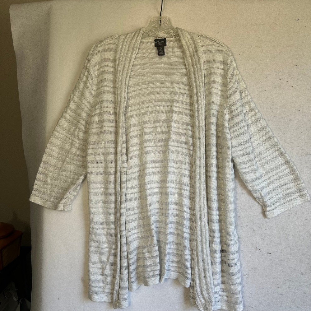 Chicos Travelers Metallic Silver Striped Open‎ Knit Cardigan Sweater XL Size 3